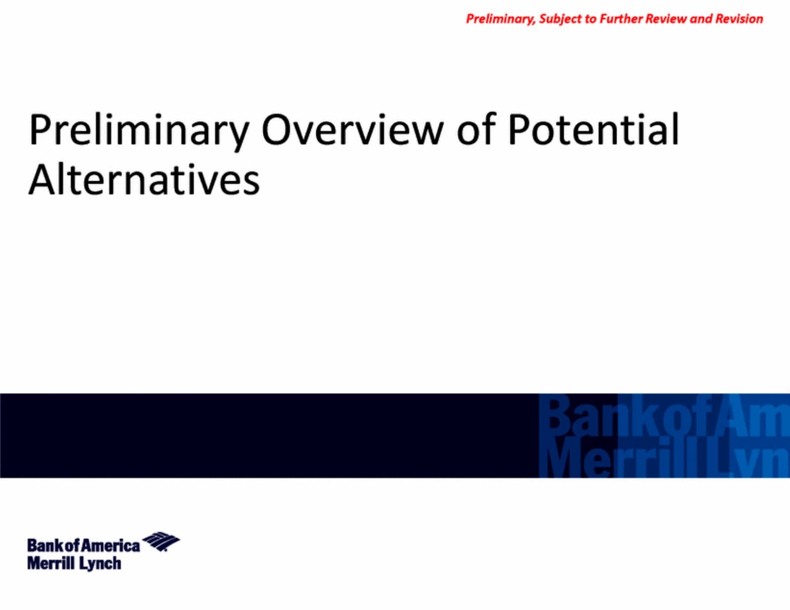 Merrill Lynch slide laying out potential strategic alternatives, a joint venture, asset sales, a merger, and a white squire investment, with benefits and considerations for each